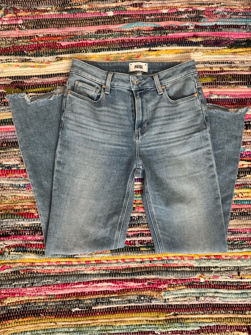 NWOT Distressed Paige Designer Jeans Straight Leg Blue Denim